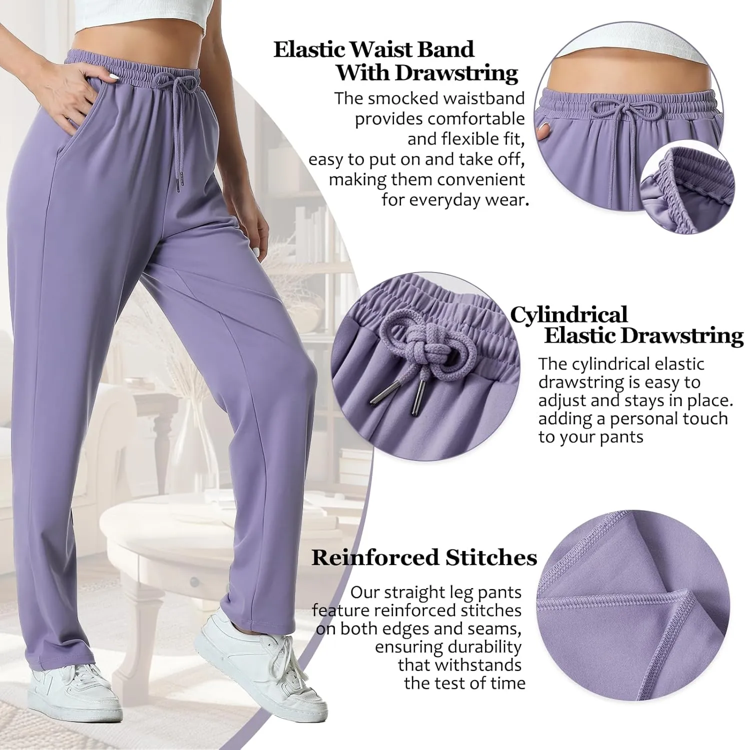 Womens Pants Straight Leg Sweatpants for Women Elastic Waist Work Pants Baggy Casual Drawstring Lounge Pants