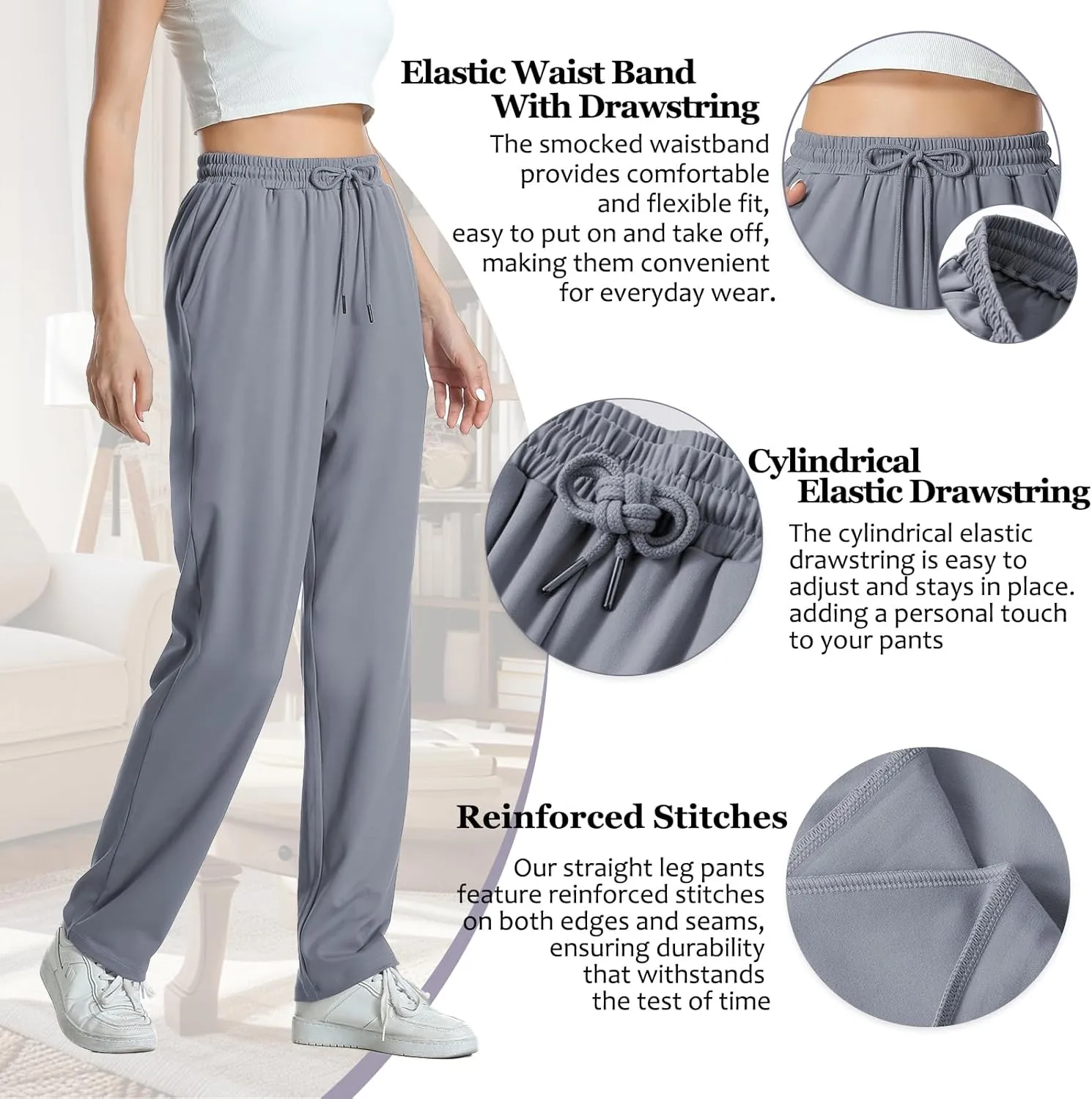 Womens Pants Straight Leg Sweatpants for Women Elastic Waist Work Pants Baggy Casual Drawstring Lounge Pants