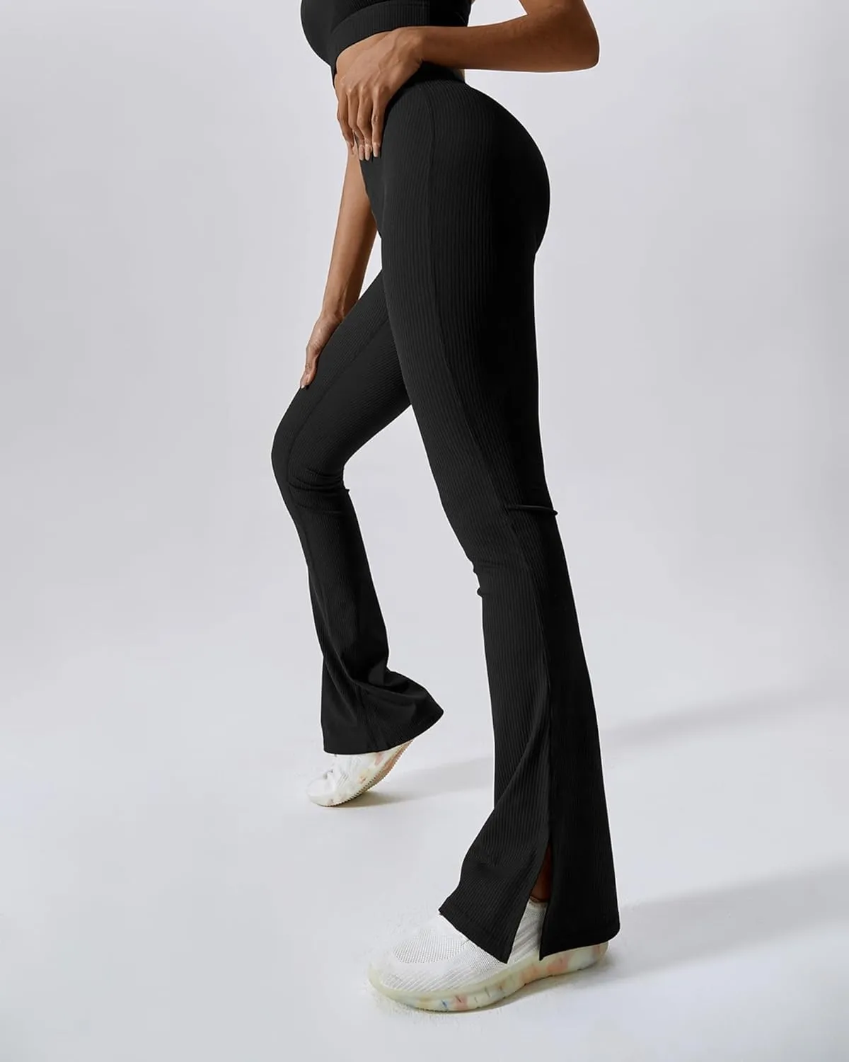 Womens Ribbed Flared Leggings Slit Hem High Waist Bootcut Yoga Pants Workout Bootleg Pants