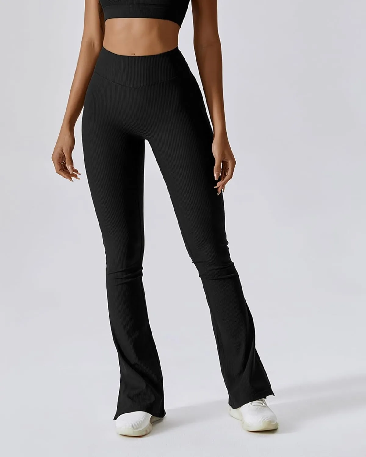 Womens Ribbed Flared Leggings Slit Hem High Waist Bootcut Yoga Pants Workout Bootleg Pants