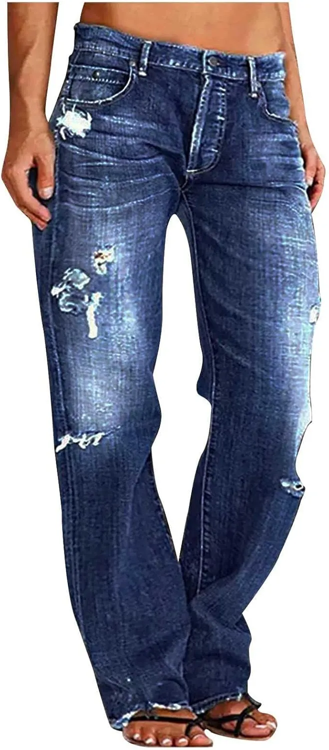 Women's Ripped High Waist Boyfriend Jeans Stretch Baggy Denim Pants Distressed Casual Straight Leg Loose Fit Jeans