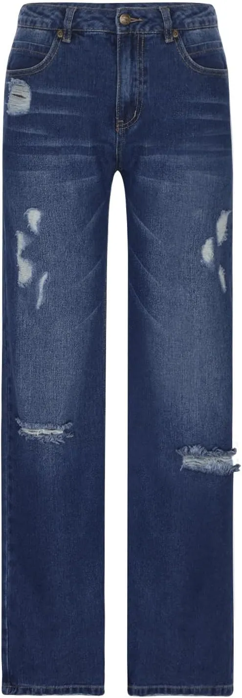 Women's Ripped High Waist Boyfriend Jeans Stretch Baggy Denim Pants Distressed Casual Straight Leg Loose Fit Jeans