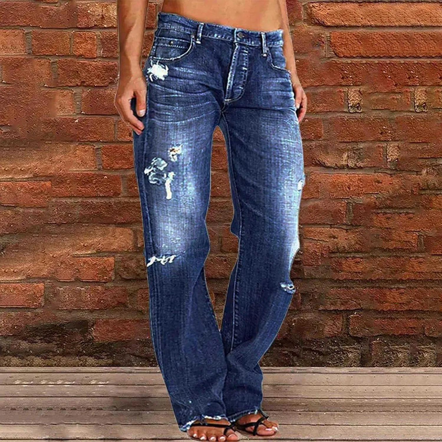 Women's Ripped High Waist Boyfriend Jeans Stretch Baggy Denim Pants Distressed Casual Straight Leg Loose Fit Jeans