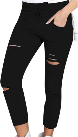 Women's Ripped Pencil Pants High Waist Lace-up Skinny Stretchy Leggings Workout Casual Yoga Trousers with Pockets