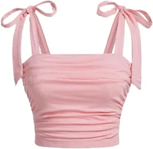 Women's Ruched Strap Crop Top with Bow Detail Slim Fit Pink Camisole