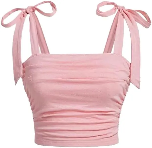 Women's Ruched Strap Crop Top with Bow Detail Slim Fit Pink Camisole