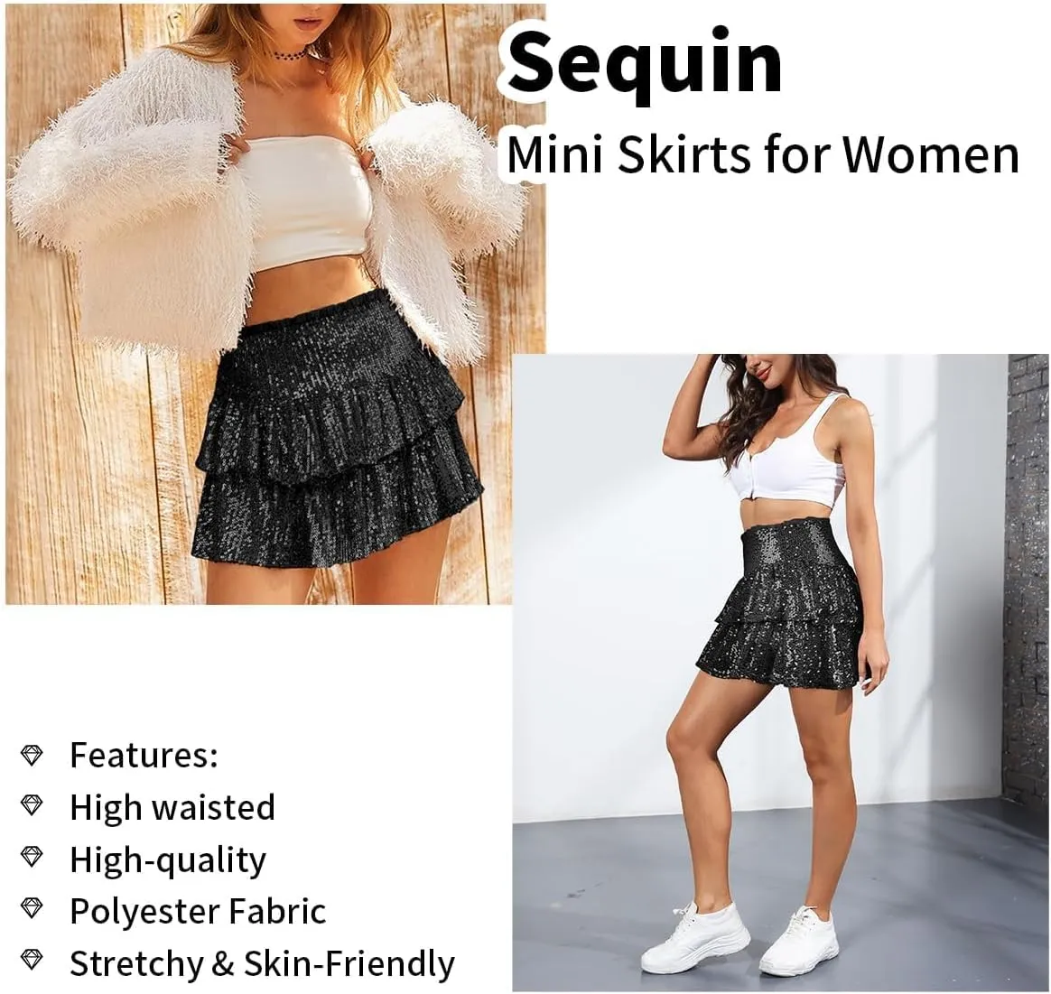 Women's Sequin Mini Skirt Sparkly High Waist Lined Layered Flared Pleated Glitter Night Out Party Short Skirts
