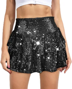Women's Sequin Mini Skirt Sparkly High Waist Lined Layered Flared Pleated Glitter Night Out Party Short Skirts