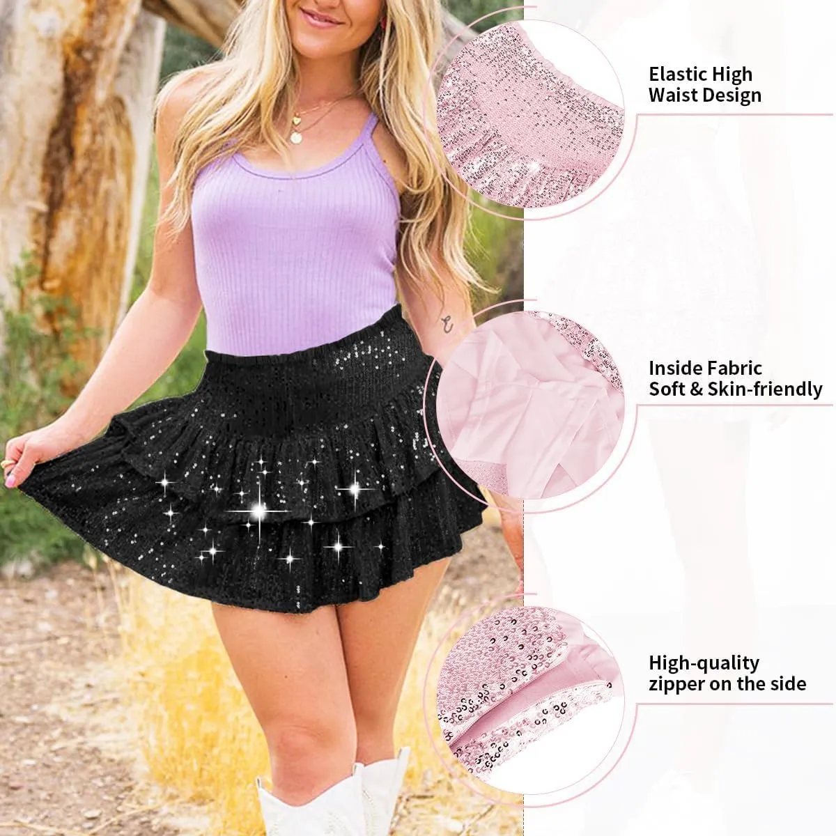 Women's Sequin Mini Skirt Sparkly High Waist Lined Layered Flared Pleated Glitter Night Out Party Short Skirts