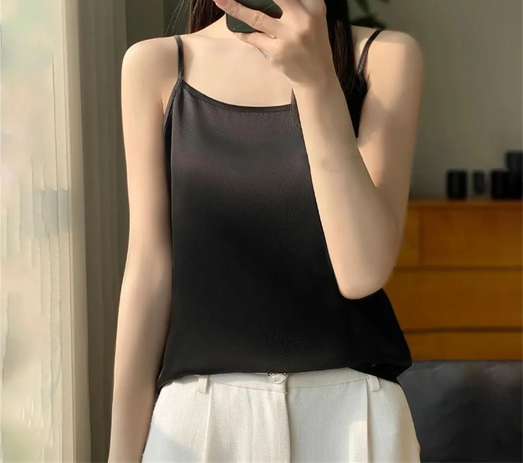 Women's Silk Satin Soft Spaghetti Strap Camisole Summer Sleeveless Slimming Casual Beach Vest