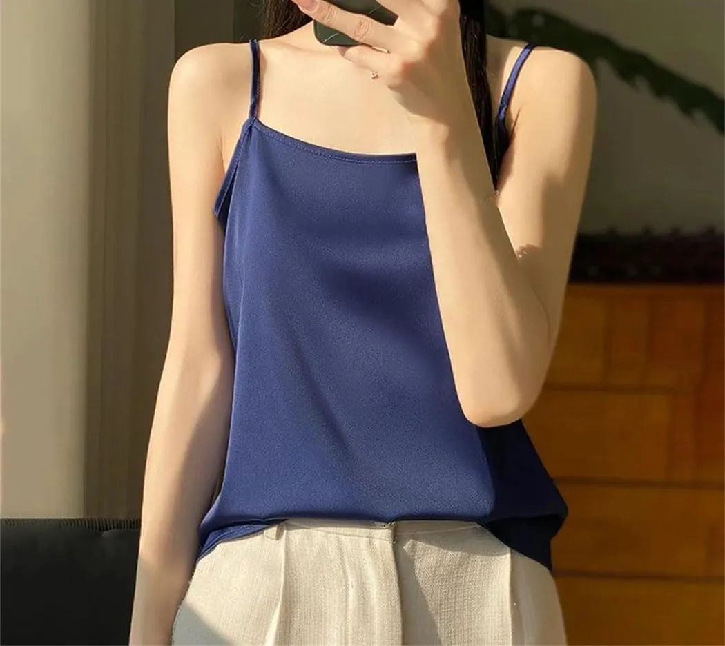 Women's Silk Satin Soft Spaghetti Strap Camisole Summer Sleeveless Slimming Casual Beach Vest