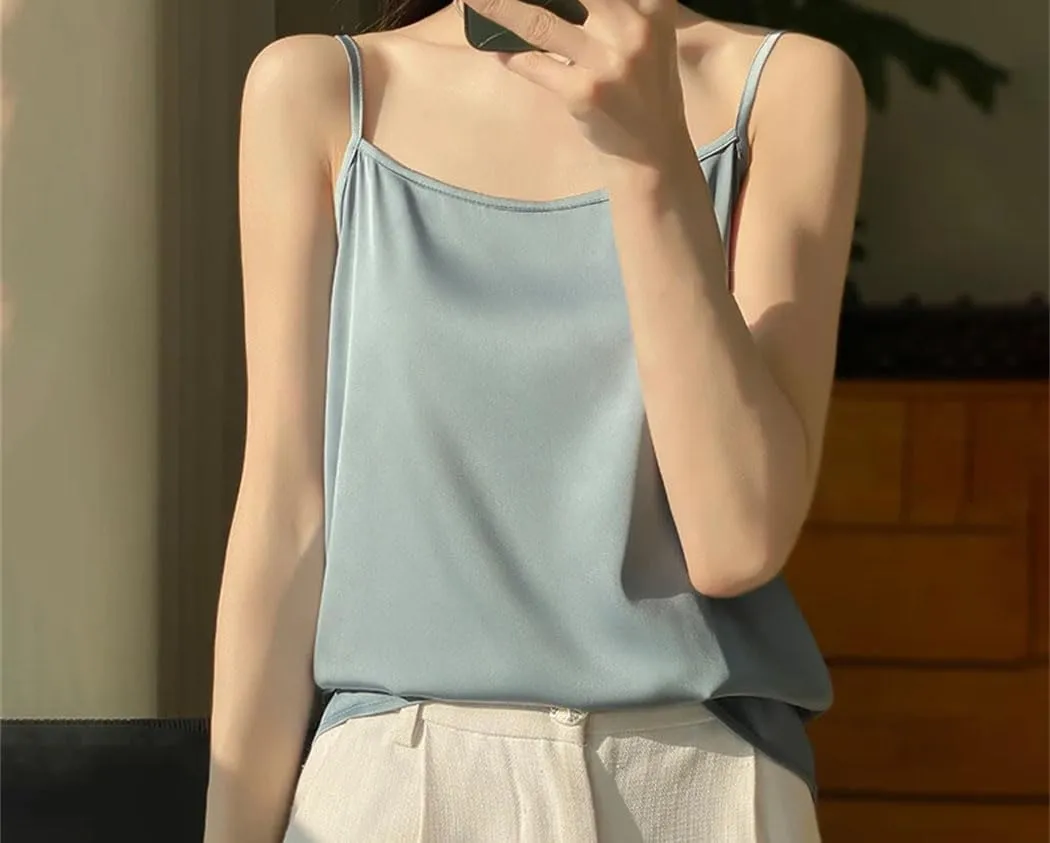 Women's Silk Satin Soft Spaghetti Strap Camisole Summer Sleeveless Slimming Casual Beach Vest