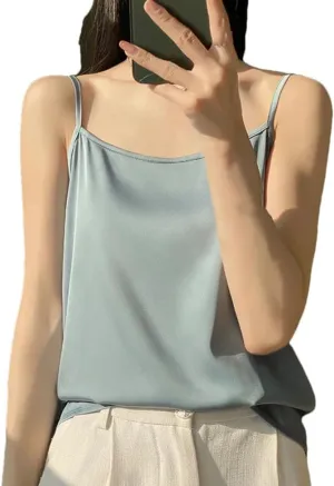 Women's Silk Satin Soft Spaghetti Strap Camisole Summer Sleeveless Slimming Casual Beach Vest