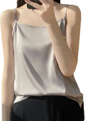 Women's Silk Satin Soft Spaghetti Strap Camisole Summer Sleeveless Slimming Casual Beach Vest