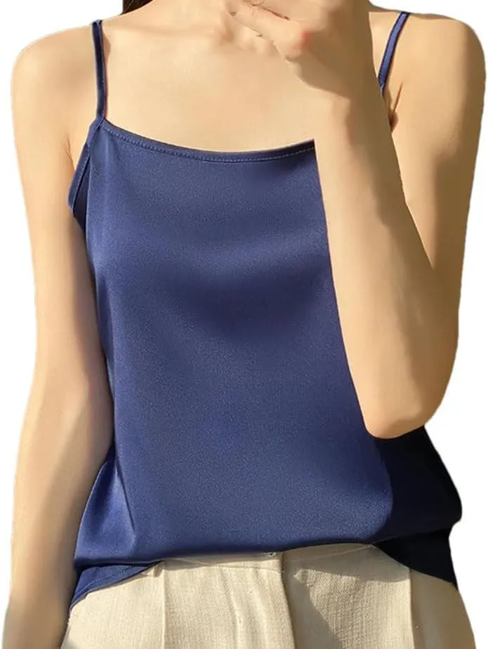 Women's Silk Satin Soft Spaghetti Strap Camisole Summer Sleeveless Slimming Casual Beach Vest