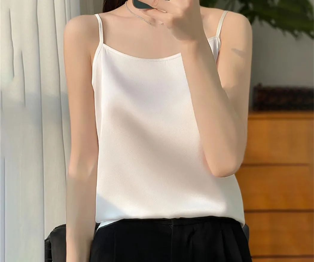 Women's Silk Satin Soft Spaghetti Strap Camisole Summer Sleeveless Slimming Casual Beach Vest
