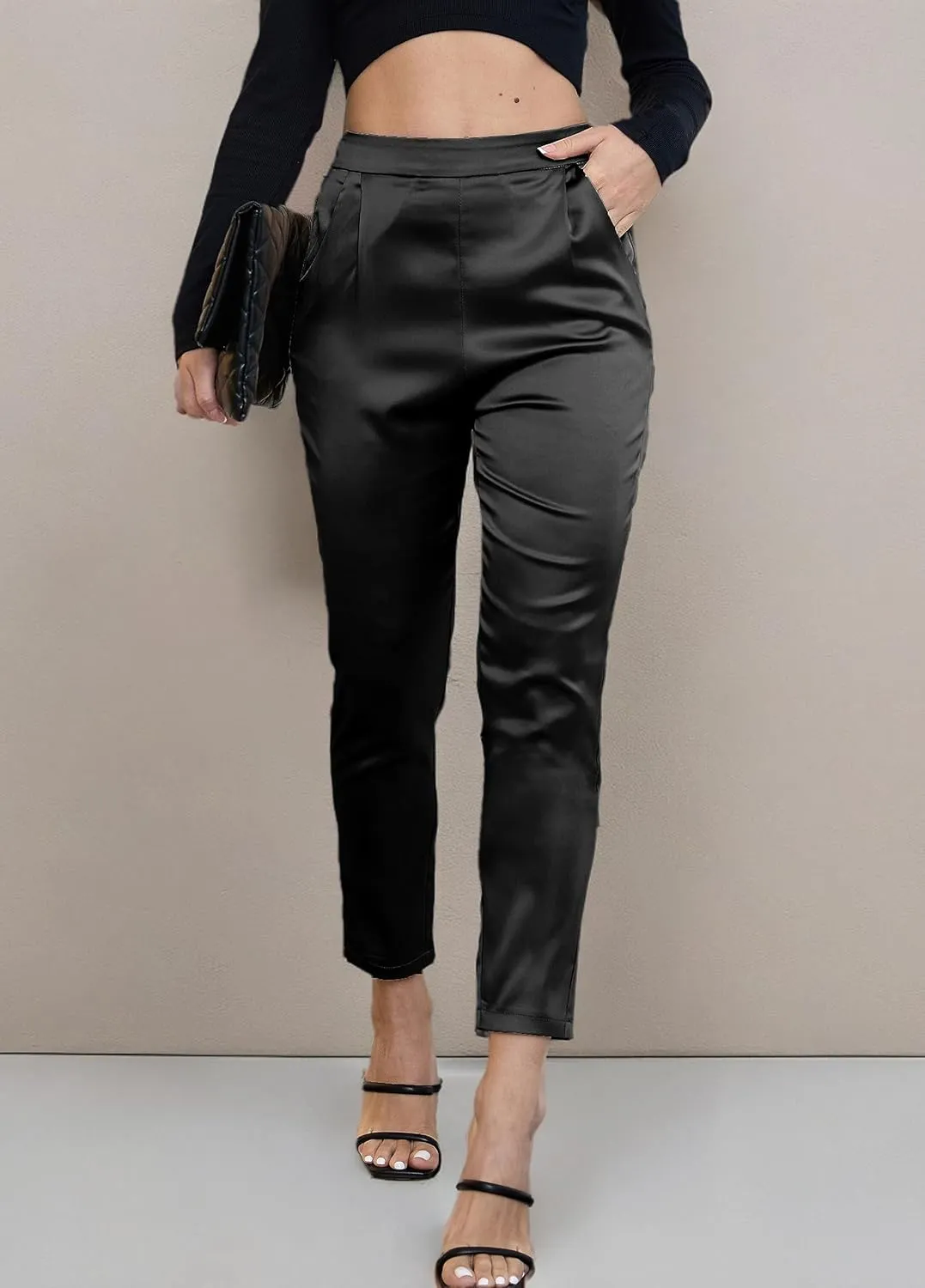 Women's Silky Satin Wedding Dressy Casual Elastic Waist Pants Party Club Wear Trousers