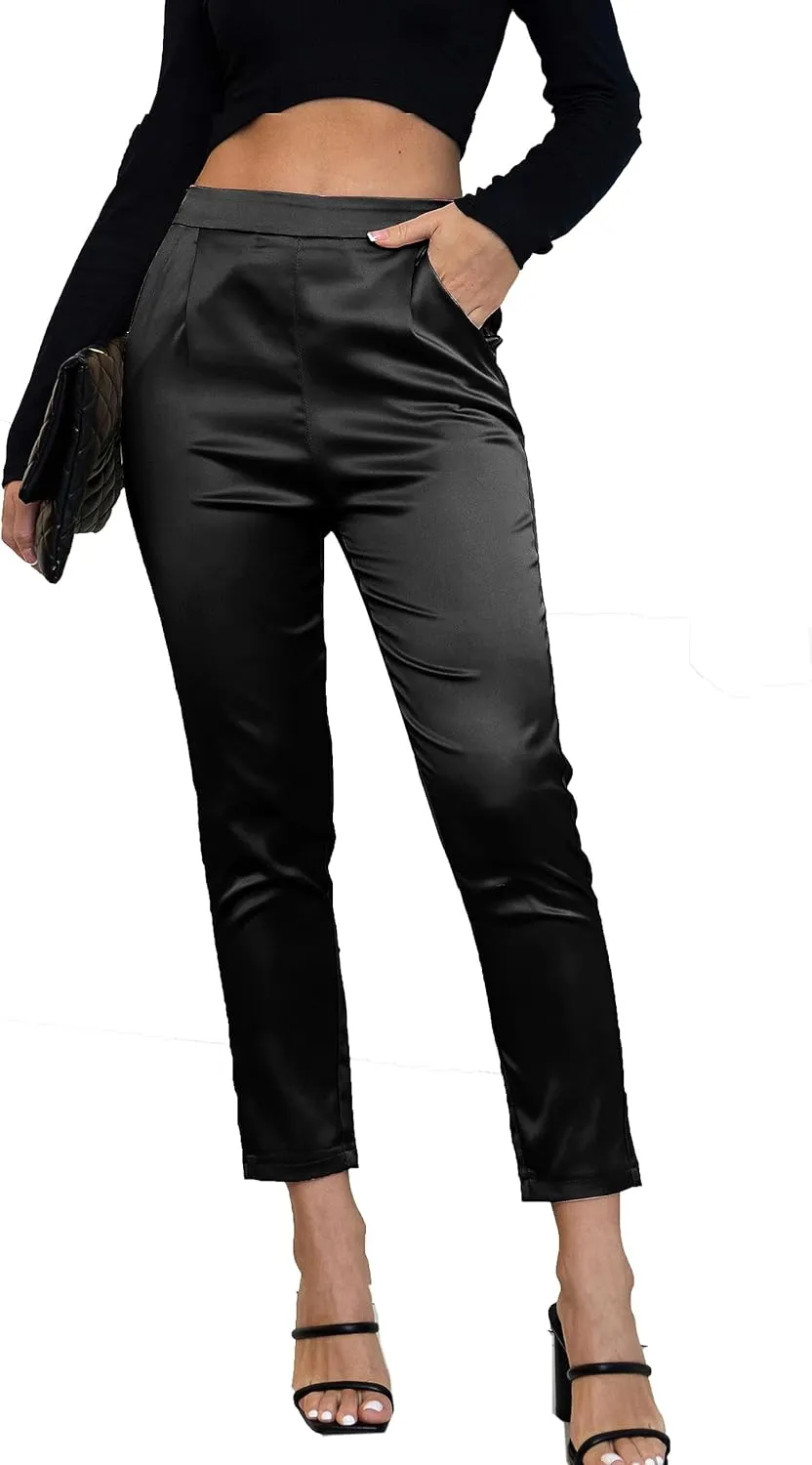Women's Silky Satin Wedding Dressy Casual Elastic Waist Pants Party Club Wear Trousers
