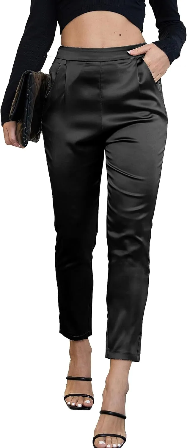 Women's Silky Satin Wedding Dressy Casual Elastic Waist Pants Party Club Wear Trousers