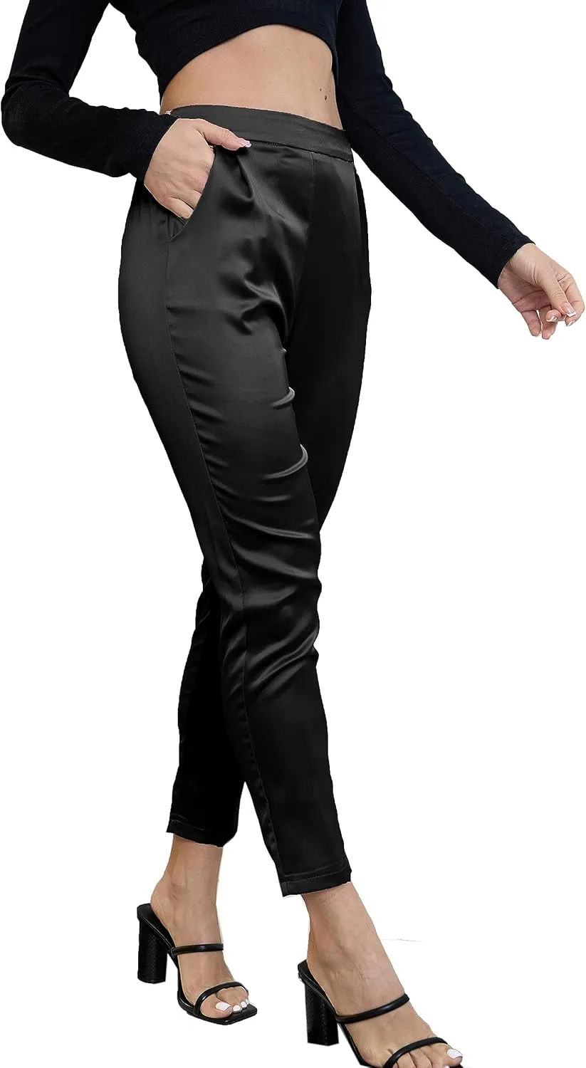 Women's Silky Satin Wedding Dressy Casual Elastic Waist Pants Party Club Wear Trousers