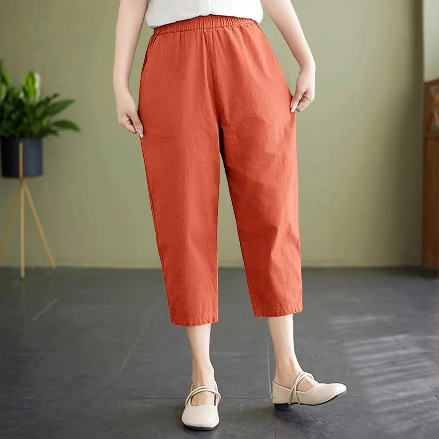 Women's Solid Cotton Linen Straight Capris High Waisted Loose Wide Leg Casual Capris Summer Beach Trousers with Pockets