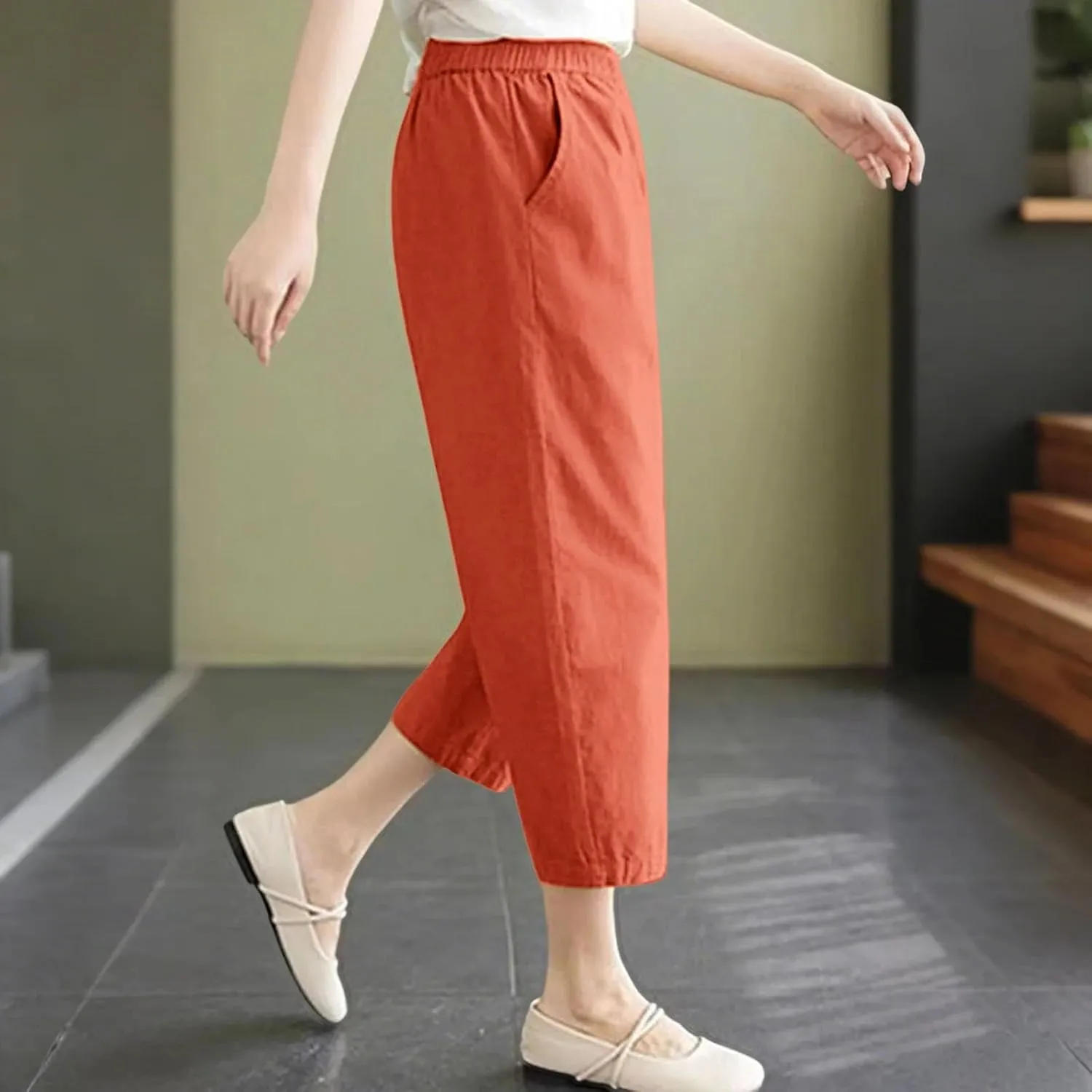 Women's Solid Cotton Linen Straight Capris High Waisted Loose Wide Leg Casual Capris Summer Beach Trousers with Pockets