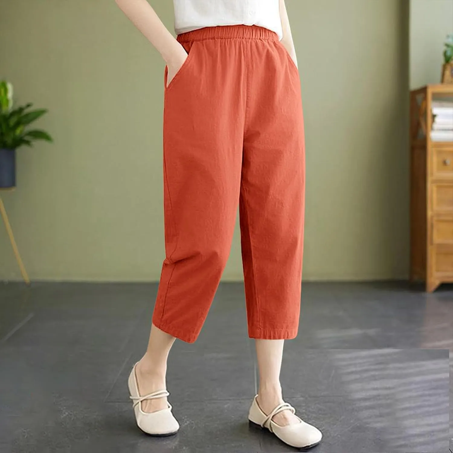 Women's Solid Cotton Linen Straight Capris High Waisted Loose Wide Leg Casual Capris Summer Beach Trousers with Pockets