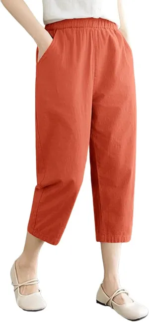 Women's Solid Cotton Linen Straight Capris High Waisted Loose Wide Leg Casual Capris Summer Beach Trousers with Pockets