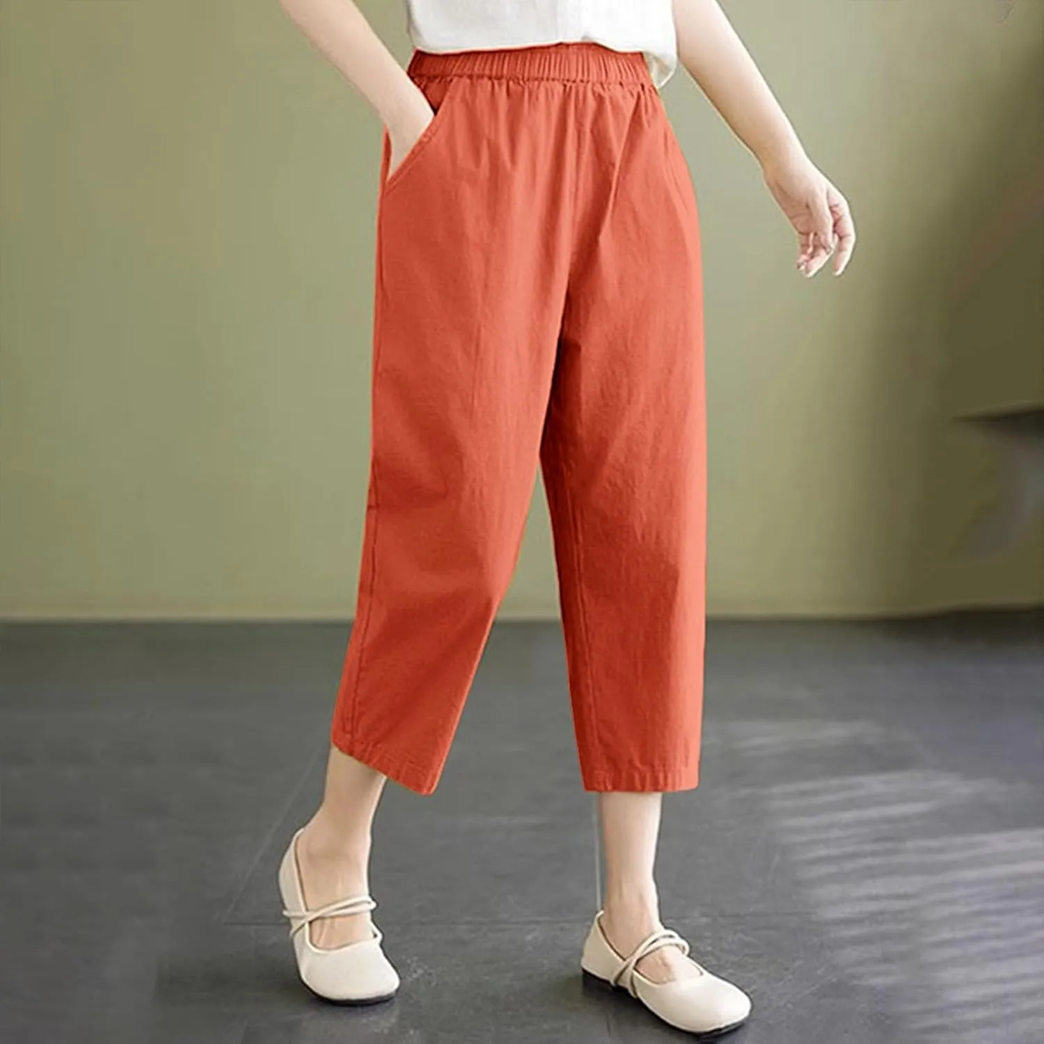 Women's Solid Cotton Linen Straight Capris High Waisted Loose Wide Leg Casual Capris Summer Beach Trousers with Pockets