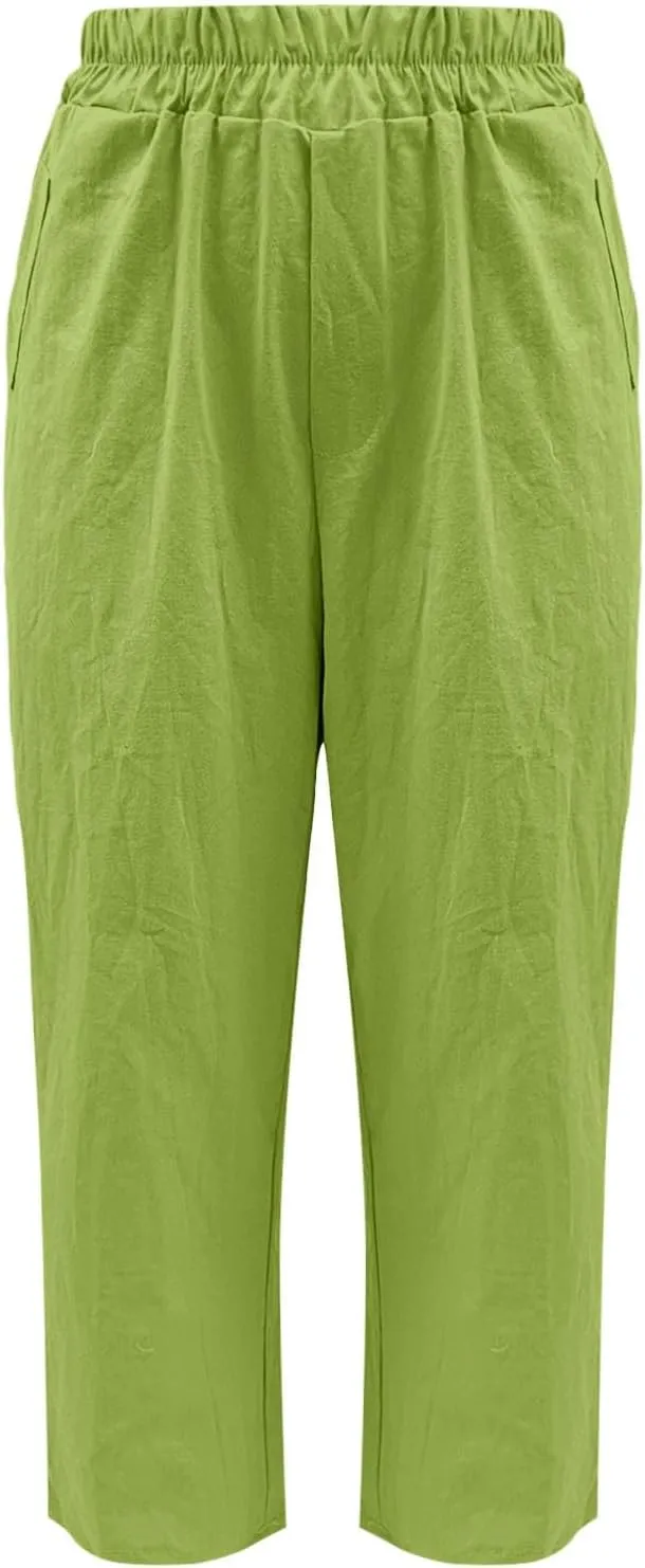 Women's Solid Cotton Linen Straight Pants Work Lounge Trousers with Pockets Comfy Wide Leg Vacation Palazzo Pants