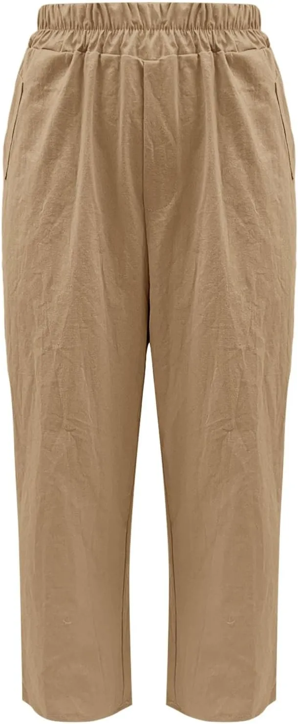 Women's Solid Cotton Linen Straight Pants Work Lounge Trousers with Pockets Comfy Wide Leg Vacation Palazzo Pants