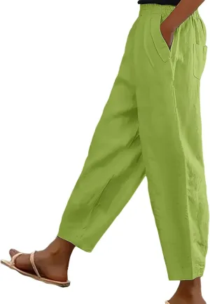 Women's Solid Cotton Linen Straight Pants Work Lounge Trousers with Pockets Comfy Wide Leg Vacation Palazzo Pants