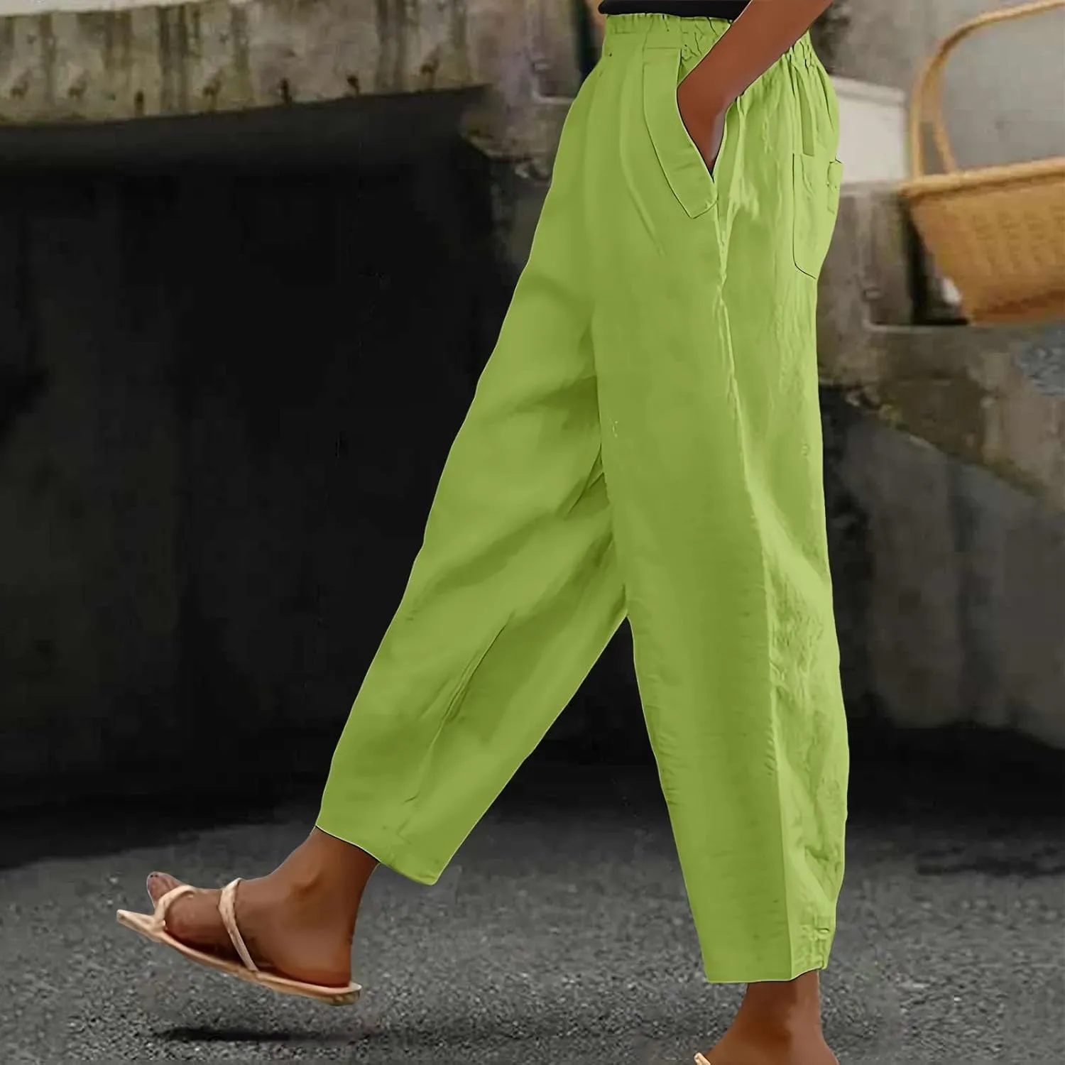 Women's Solid Cotton Linen Straight Pants Work Lounge Trousers with Pockets Comfy Wide Leg Vacation Palazzo Pants