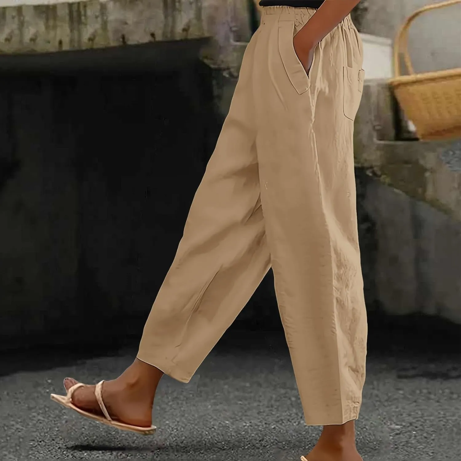 Women's Solid Cotton Linen Straight Pants Work Lounge Trousers with Pockets Comfy Wide Leg Vacation Palazzo Pants