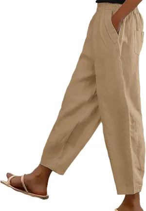 Women's Solid Cotton Linen Straight Pants Work Lounge Trousers with Pockets Comfy Wide Leg Vacation Palazzo Pants