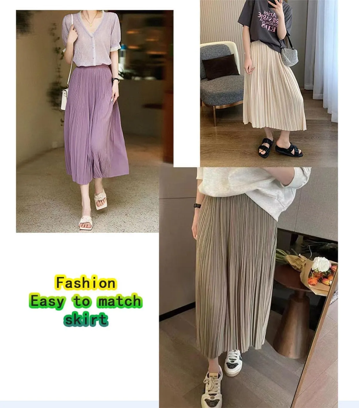 Women's Spring Summer Pleated Midi Skirts,Cool A-Line Swing Long Skirt,Soft Ladies Elastic High Waist Maxi Casual Skirt