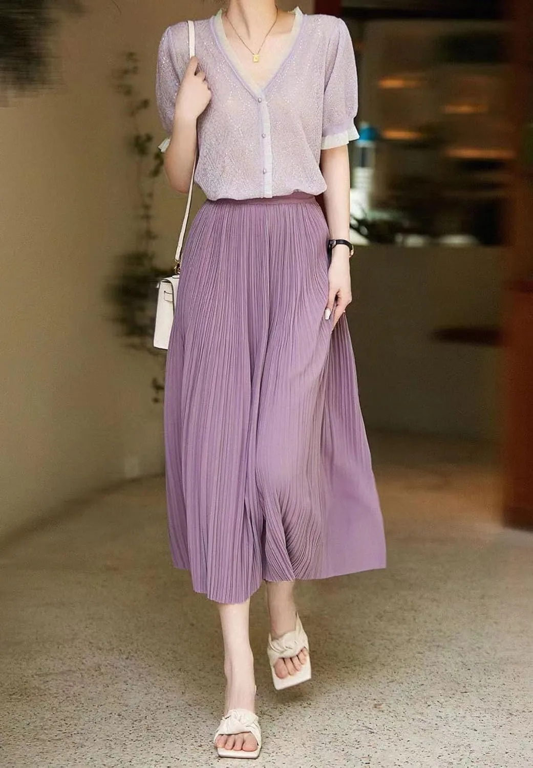 Women's Spring Summer Pleated Midi Skirts,Cool A-Line Swing Long Skirt,Soft Ladies Elastic High Waist Maxi Casual Skirt