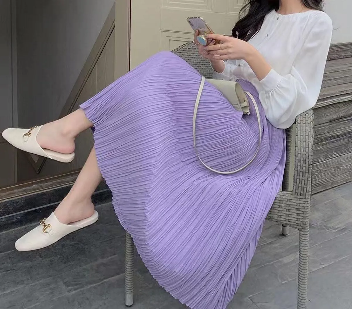 Women's Spring Summer Pleated Midi Skirts,Cool A-Line Swing Long Skirt,Soft Ladies Elastic High Waist Maxi Casual Skirt