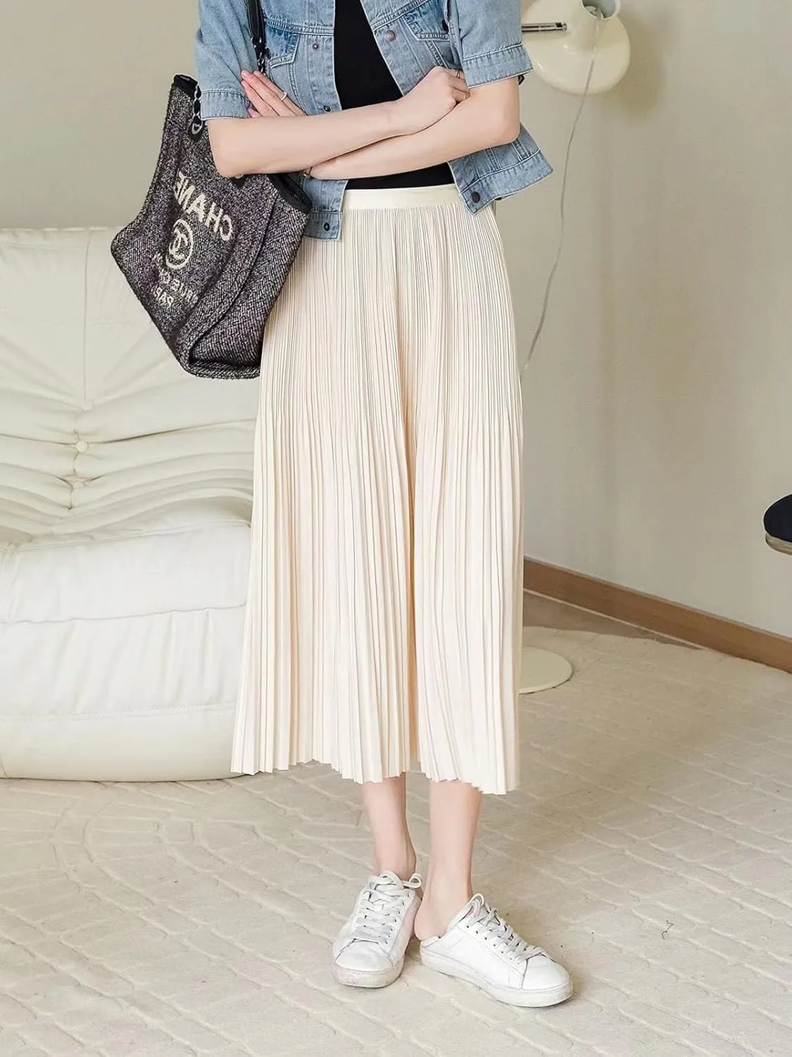 Women's Spring Summer Pleated Midi Skirts,Cool A-Line Swing Long Skirt,Soft Ladies Elastic High Waist Maxi Casual Skirt