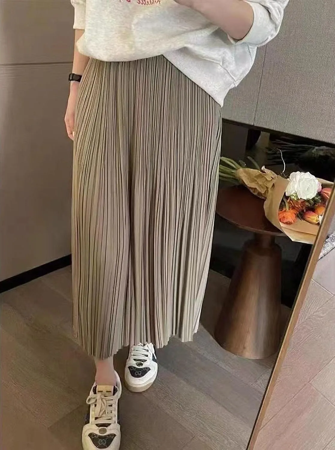 Women's Spring Summer Pleated Midi Skirts,Cool A-Line Swing Long Skirt,Soft Ladies Elastic High Waist Maxi Casual Skirt