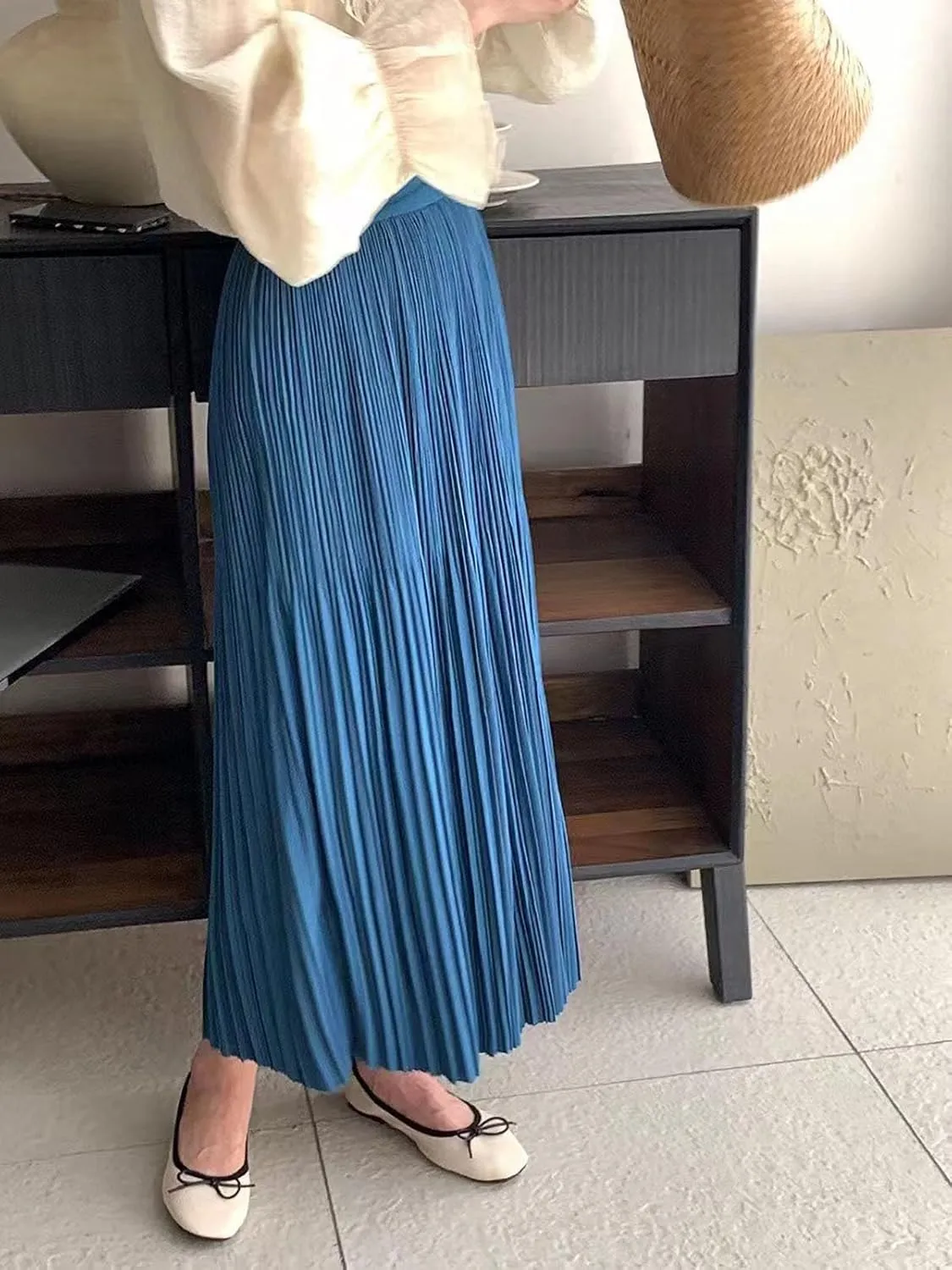Women's Spring Summer Pleated Midi Skirts,Cool A-Line Swing Long Skirt,Soft Ladies Elastic High Waist Maxi Casual Skirt