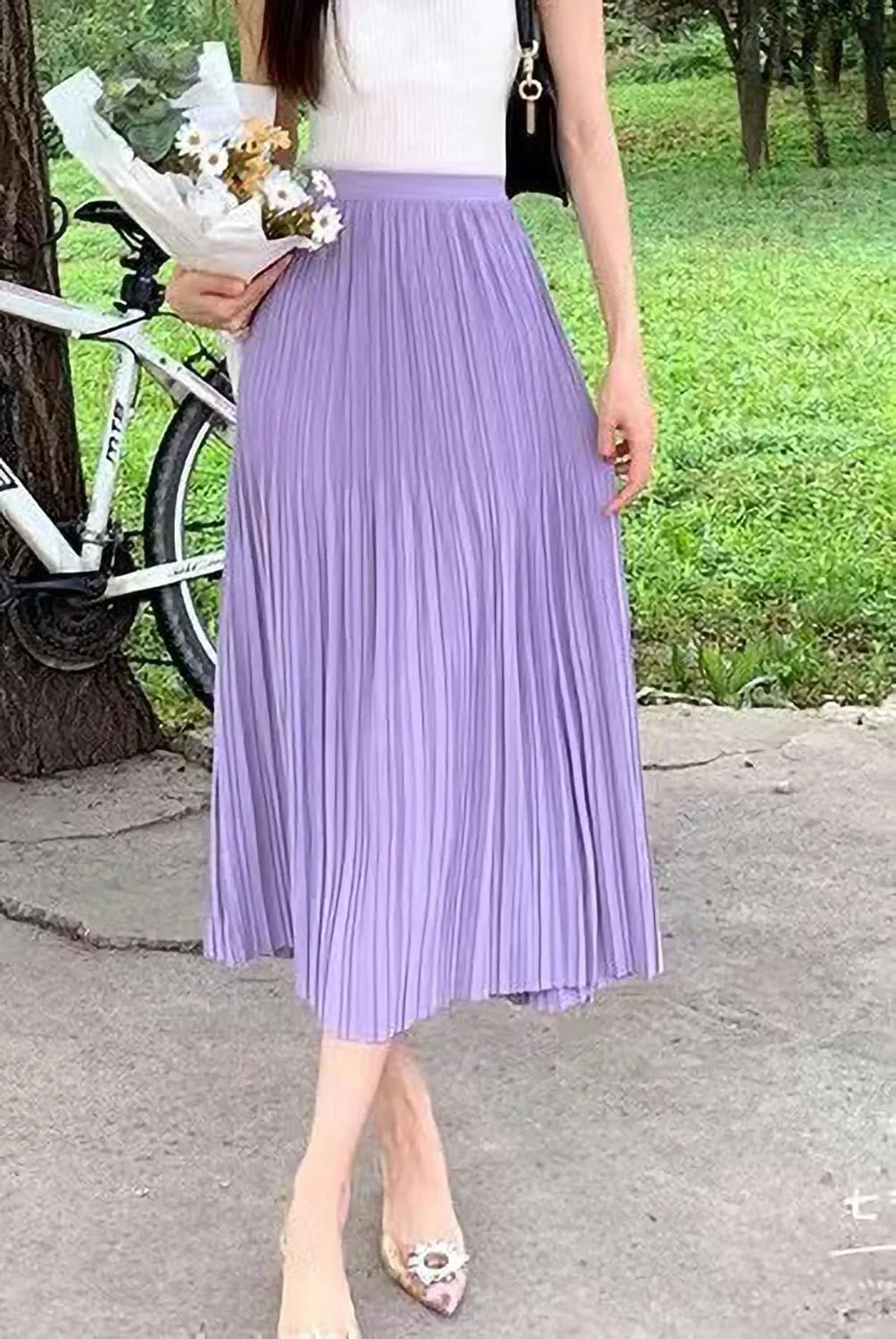 Women's Spring Summer Pleated Midi Skirts,Cool A-Line Swing Long Skirt,Soft Ladies Elastic High Waist Maxi Casual Skirt