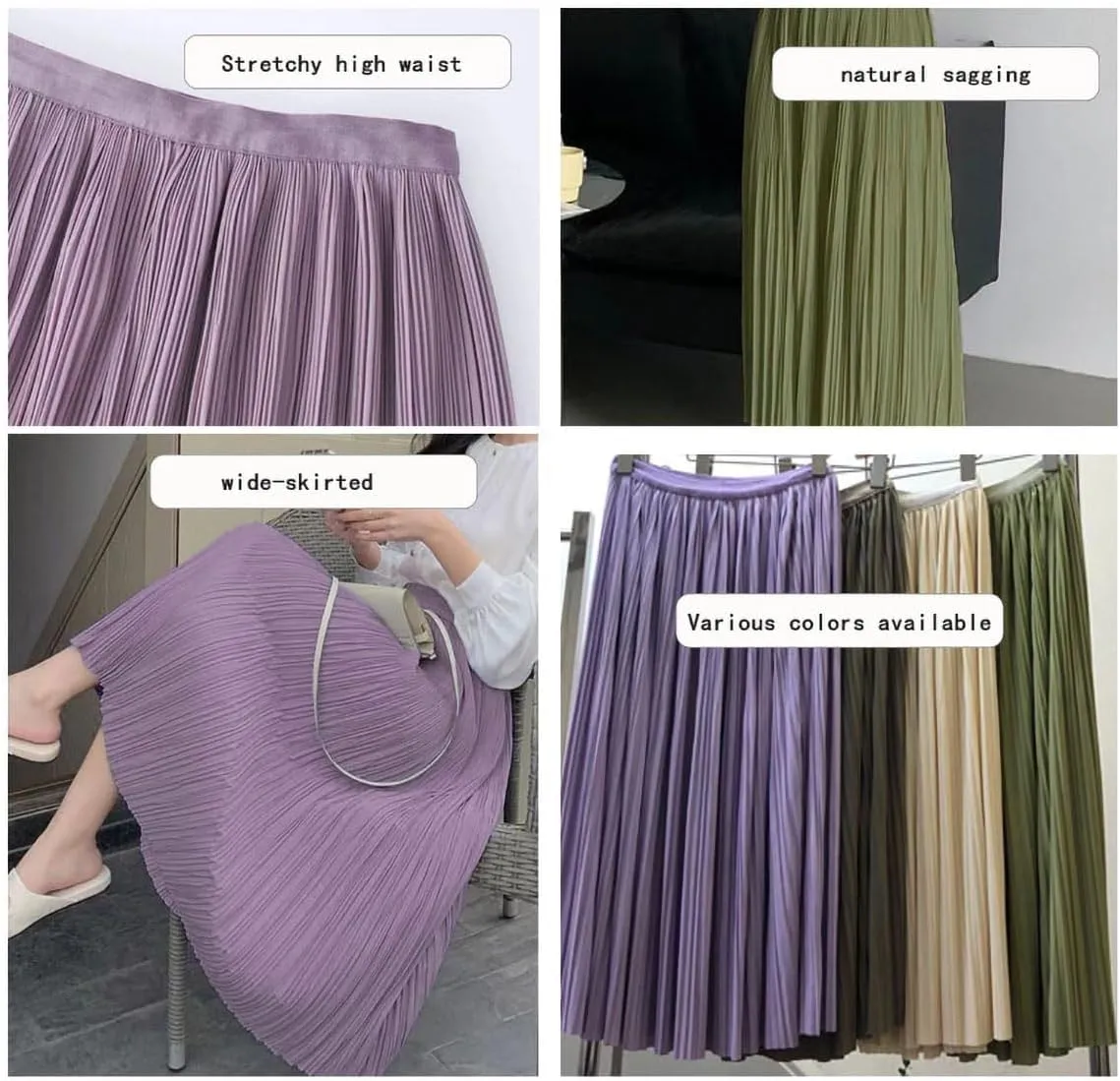 Women's Spring Summer Pleated Midi Skirts,Cool A-Line Swing Long Skirt,Soft Ladies Elastic High Waist Maxi Casual Skirt