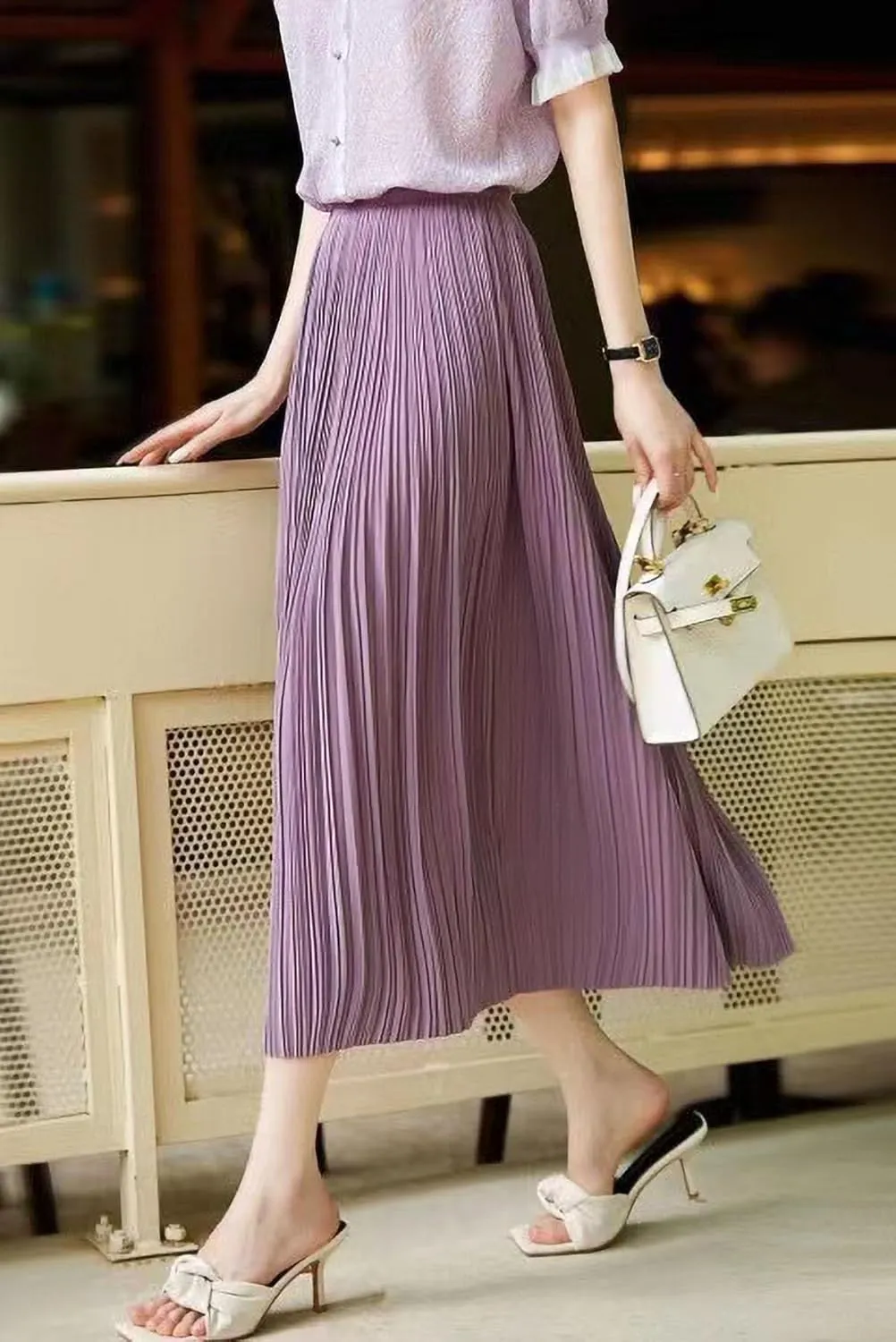 Women's Spring Summer Pleated Midi Skirts,Cool A-Line Swing Long Skirt,Soft Ladies Elastic High Waist Maxi Casual Skirt
