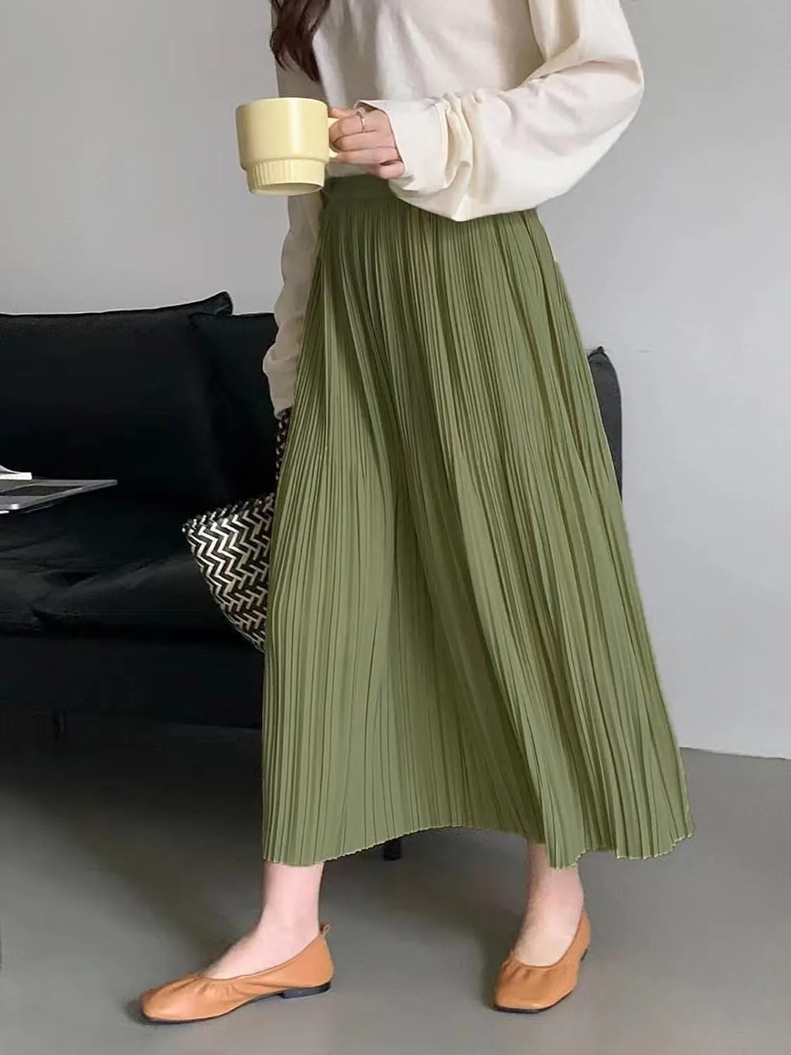 Women's Spring Summer Pleated Midi Skirts,Cool A-Line Swing Long Skirt,Soft Ladies Elastic High Waist Maxi Casual Skirt