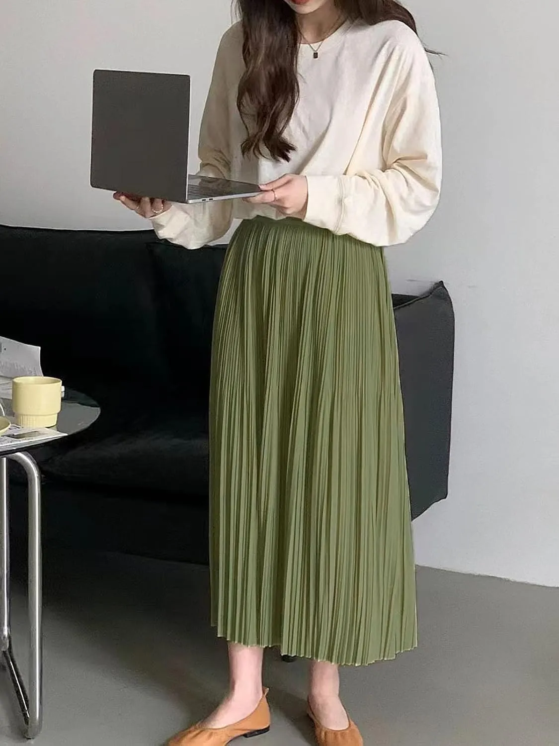 Women's Spring Summer Pleated Midi Skirts,Cool A-Line Swing Long Skirt,Soft Ladies Elastic High Waist Maxi Casual Skirt