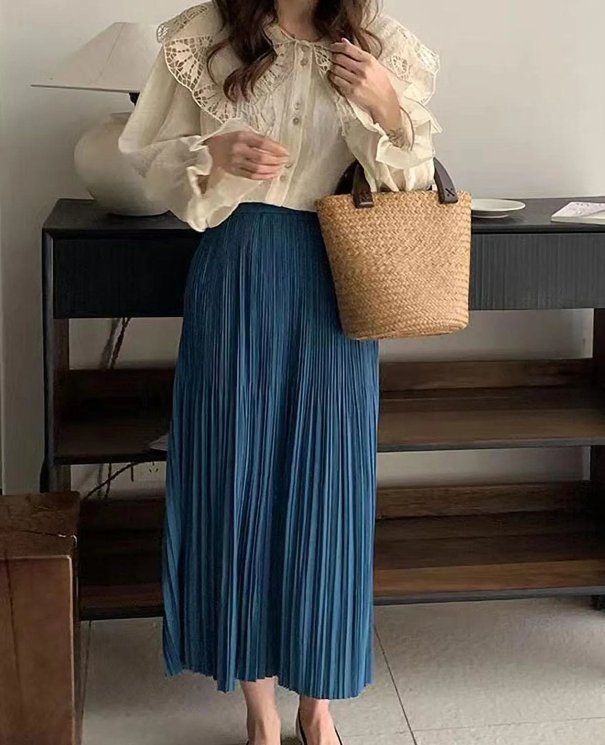 Women's Spring Summer Pleated Midi Skirts,Cool A-Line Swing Long Skirt,Soft Ladies Elastic High Waist Maxi Casual Skirt