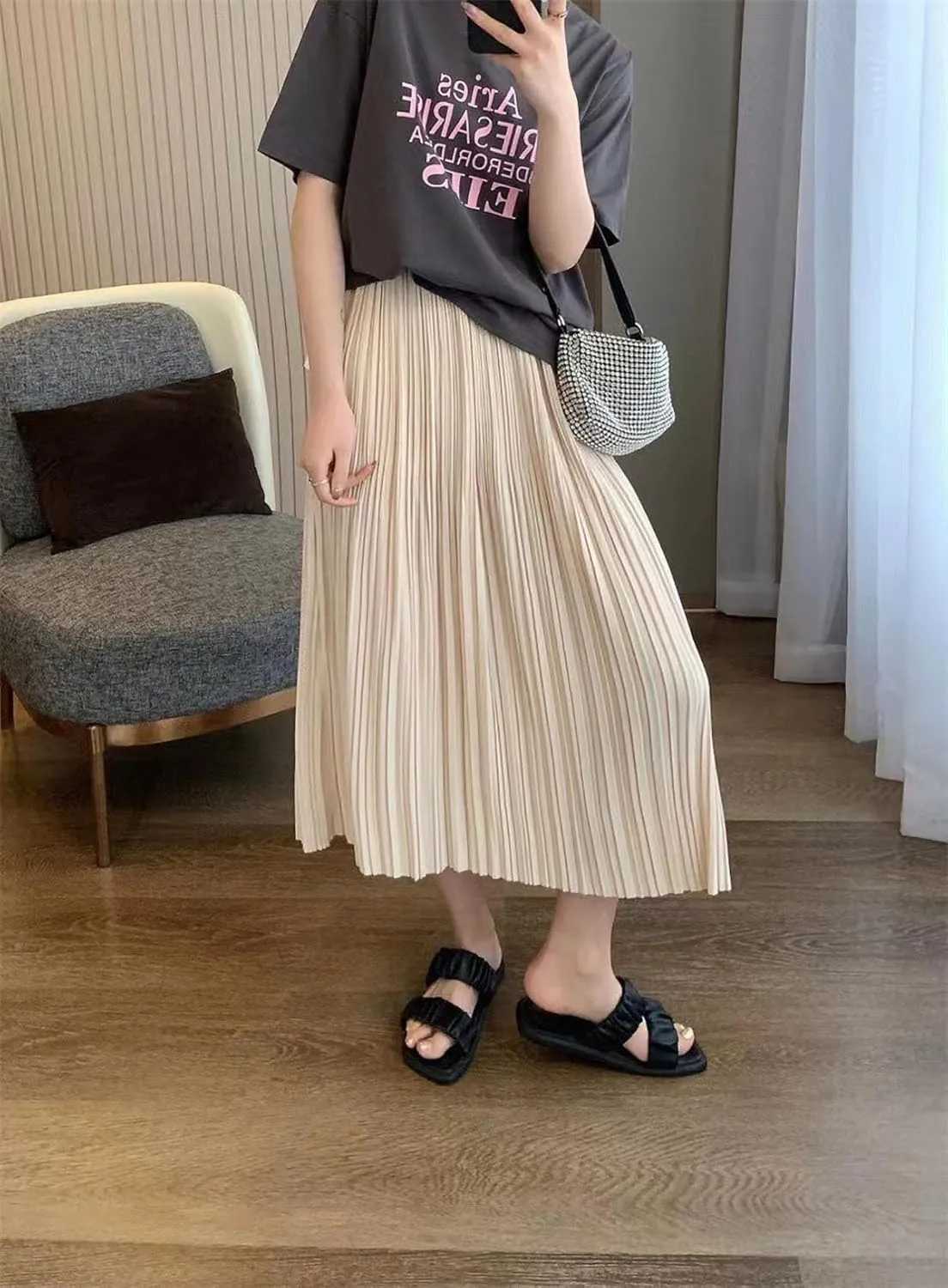 Women's Spring Summer Pleated Midi Skirts,Cool A-Line Swing Long Skirt,Soft Ladies Elastic High Waist Maxi Casual Skirt
