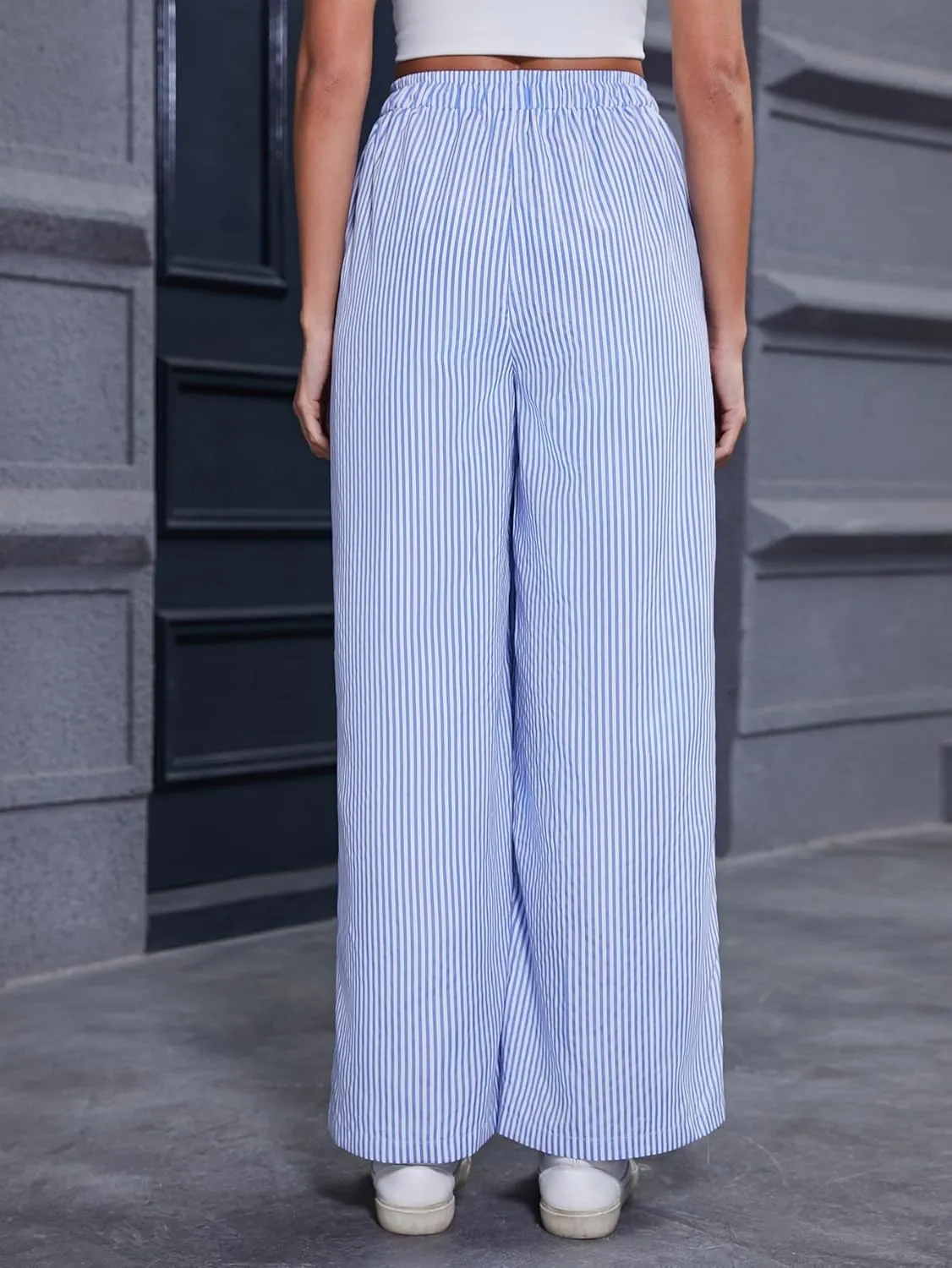Women's Striped Wide Leg Pants with Pockets High Waist Drawstring Loose Trousers Palazzo Pants