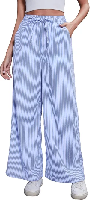 Women's Striped Wide Leg Pants with Pockets High Waist Drawstring Loose Trousers Palazzo Pants
